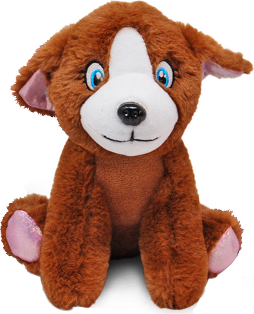 Bruine lieve Zachte Hond met Roze Glitters Pluche Knuffel 22 cm [Knuffeldier Boerderij Dieren Knuffelbeest speelgoed voor kinderen jongens meisjes | Dog Puppy Puppie Hond Donkey Ezel Cow Koe Stier Bull Plush Toy]